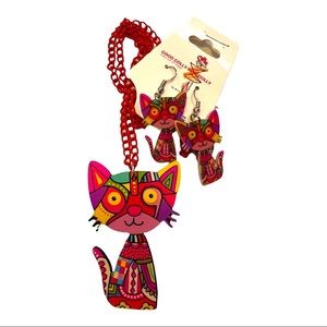 ADORABLE ACRYLIC PINK/MULTI CAT PENDANT WITH MATCHING EARRINGS